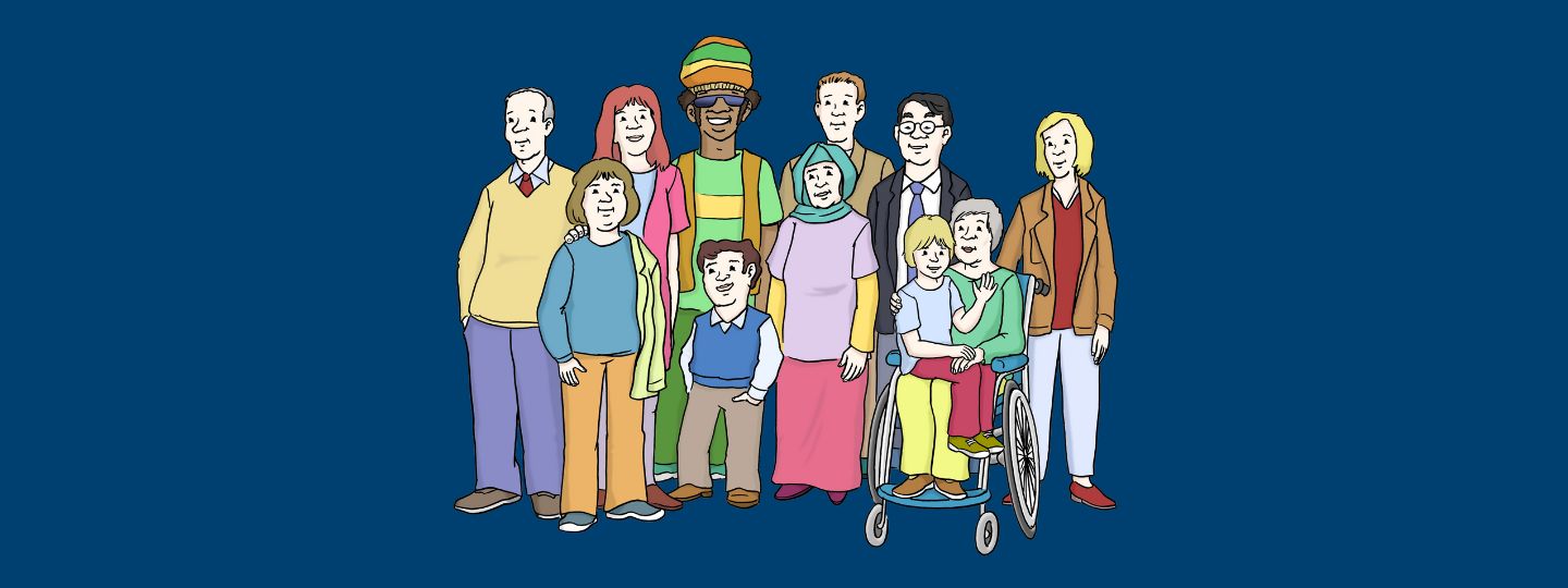 Verschiedene Menschen zusammen: Männer und Frauen mit verschiedenen Hautfarben; eine Rollstuhlfahrerin mit Kind auf dem Schoß